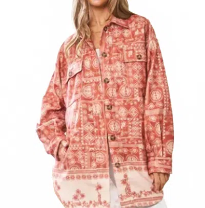 Davi & Dani Ethnic Border Printed Body Button Front Shacket In Spice Tan In Brown