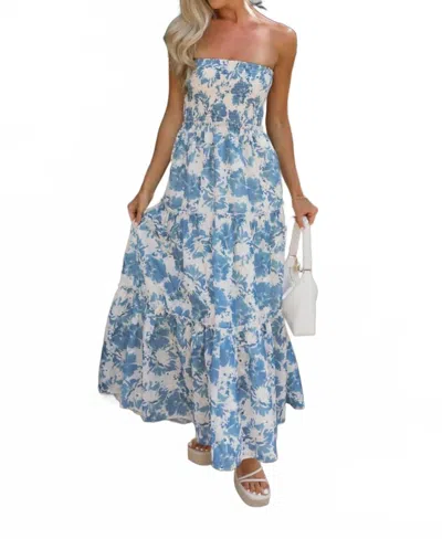 Davi & Dani Everly Floral Strapless Maxi Dress In Cream/ Blue