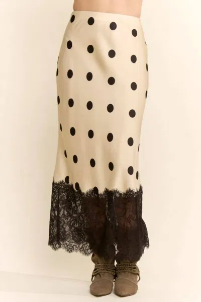Davi & Dani Eyelet Ruffle Tiered Skirt In Taupe Black Dots In Neutral