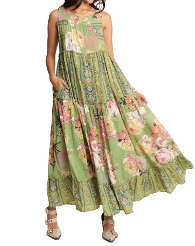 Davi & Dani Floral Boho Stripe Mixed Long Dress In Sage In Multi