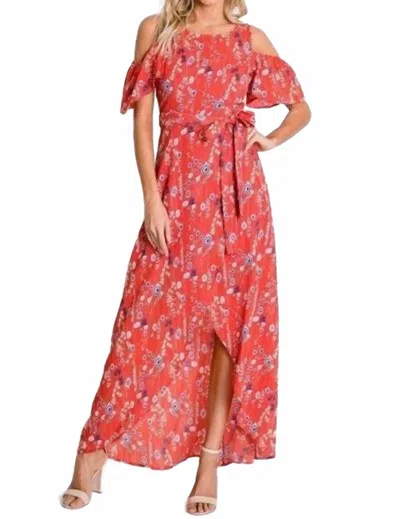Davi & Dani Floral Cold Shoulder Tulip Dress In Red In Multi
