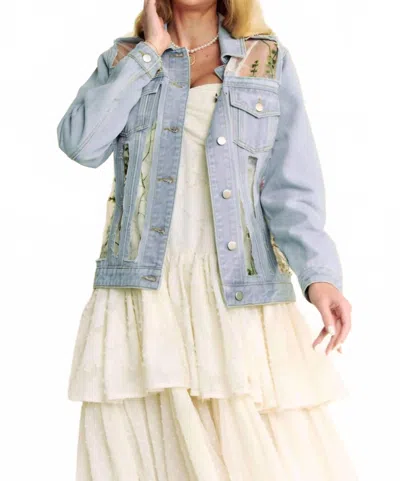 Davi & Dani Floral Embroidery Mesh Jacket In Denim In Blue