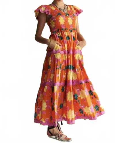 Davi & Dani Floral Flutter Sleeve Midi Dress In Orange Multi