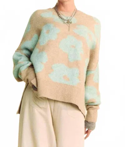 Davi & Dani Floral Long Sleeve Loose Fit Pullover Knit Sweater In Taupe/mint In Multi