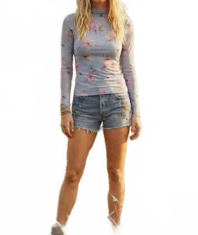 Davi & Dani Floral Mesh Mock Neck Top In Aqua Blue In Gray