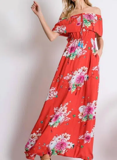 Davi & Dani Floral Print Off Shoulder Maxi Dress In Red