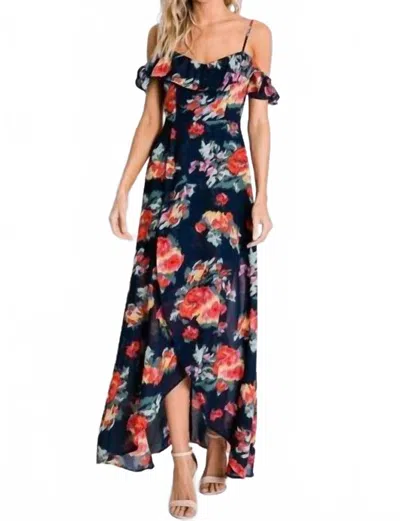 Davi & Dani Floral Print Ruffle Cold Shoulder Tulip Dress In Navy In Brown