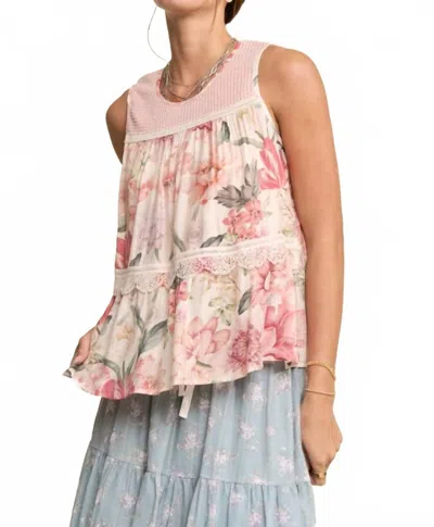 Davi & Dani Floral Printed Lace Detail Babydoll Top In Pink