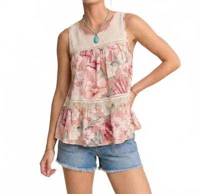 Davi & Dani Floral Printed Lace Top In Pink