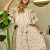 Davi & Dani Floral Ruffled Sleeve Mini Dress In Cream