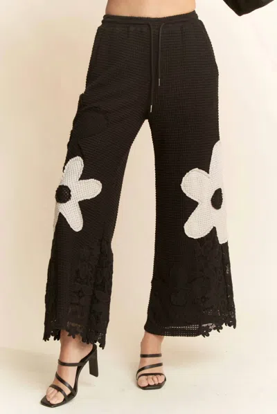 Davi & Dani Flower Patch Wide Leg Pants In Black In Brown