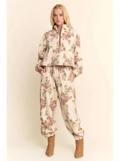 Davi & Dani Flower Printed Half Zip Jacket In Ivory Floral In Neutral