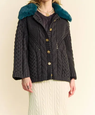 Davi & Dani Fluffy Cable Knit Cardigan Top In Charcoal In Brown