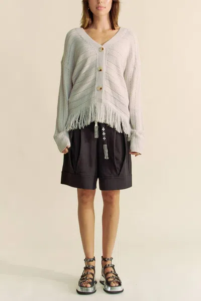 Davi & Dani Fringed Stripe Knit Cardigan In Silver Grey In Multi