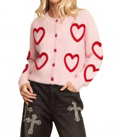 Davi & Dani Fuzzy Heart Pattern Soft Texture Cardigan - Plus In Pink