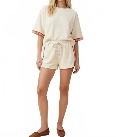 Davi & Dani Fuzzy Terry Tee & Embroidered Trim Shorts Set In Cream/red In Neutral
