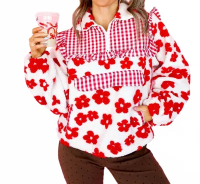 Davi & Dani Half Zip Floral Gingham Pull Over In Red And White In Blue