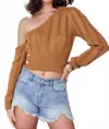 Davi & Dani Kendra Pointelle Knit One-shoulder Sweater Top In Toffee In Brown