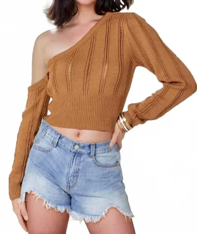 Davi & Dani Kendra Pointelle Knit One Shoulder Sweater Top In Toffee In Brown