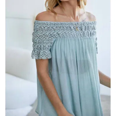 Davi & Dani Laced Trim Off Shoulder Top In Sage In Blue