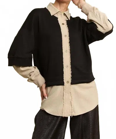 Davi & Dani Layered French Terry Contrast Top In Black