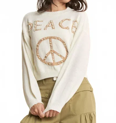 Davi & Dani Light-weight Knit Pearl Studs Sweater Top With Peace In Cream In Neutral