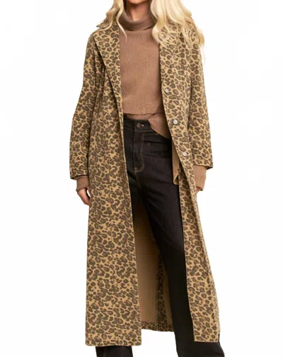 Davi & Dani Longline Coat Jacket In Leopard Duster In Brown