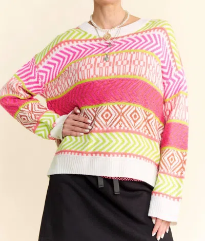 Davi & Dani Mixed Pattern Textured Stripe Over Sweater Top In Neon Pink Multi