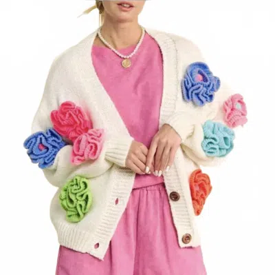 Davi & Dani Multi Color 3d Floral Patch Button Down Cardigan In Ivory In White