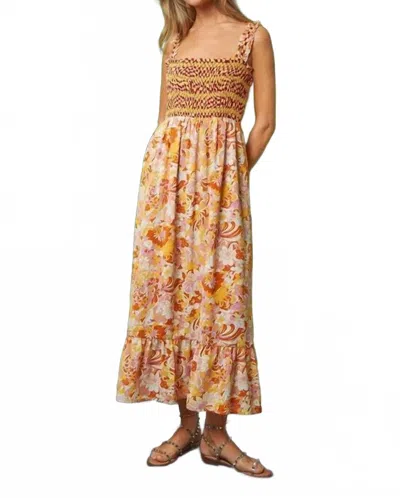 Davi & Dani Multi Smocked Bodice Geo Ruffle Strappy Midi Dress In Orange Tan