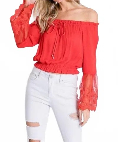 Davi & Dani Off Shoulder With Sheer Lace Detailed Bell Sleeves Top In Tomato Red
