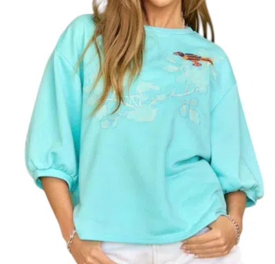 Davi & Dani Oriental Embroidered Bird Puff Sleeve Top In Mint In Green