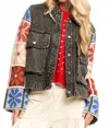 Davi & Dani Patch Design Knit Sleeve Button Front Denim Jacket In Black Multi In Multi
