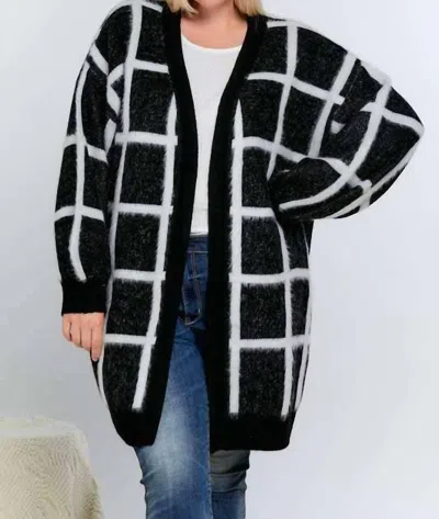Davi & Dani Plaid Fit Knit Long Cardigan - Plus In Black