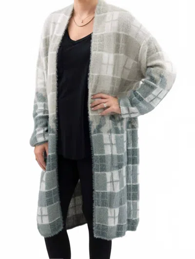 Davi & Dani Plaid Fuzzy Long Cardigan In Gray And White