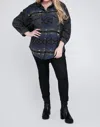 Davi & Dani Plus Printed Button Down Long Sleeve Jacket In Charcoal In Pink