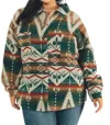 Davi & Dani Printed Aztec Long Sleeve Shacket In Green In Green