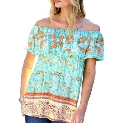 Davi & Dani Printed Floral Off Shoulder Top In Blue