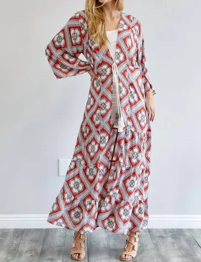 Davi & Dani Printed Long Sleeve Loose Kimono In Orange