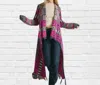 Davi & Dani Printed Shawl Fringed Hem Cardigan In Pink And Black In Pink