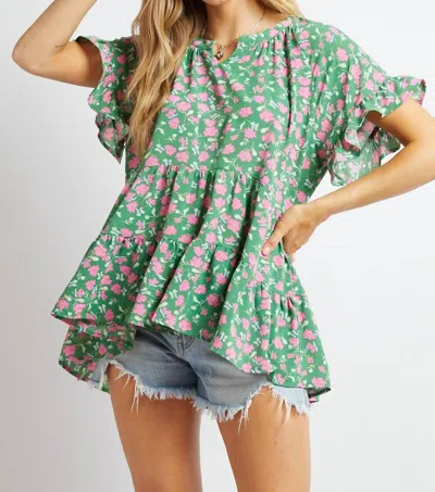 Davi & Dani Printed Smocked Top In Green