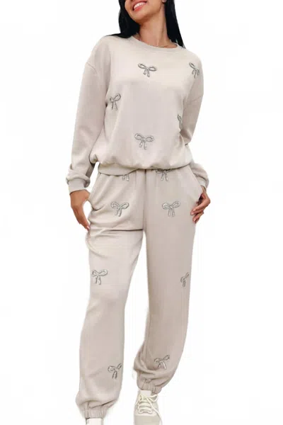 Davi & Dani Rhinestone Embroidered Knit Set In Natural In Gray