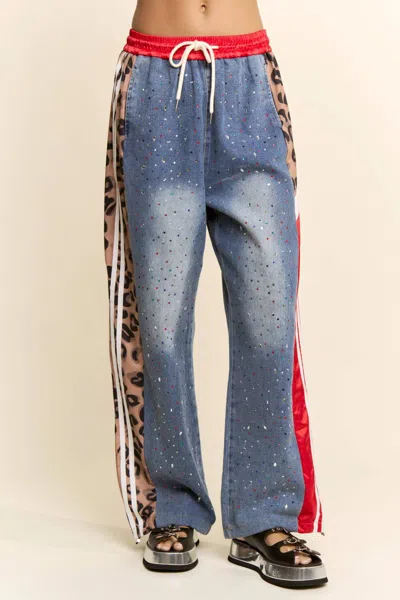 Davi & Dani Rhinestone Joggers Crystal Track Pants In Red Denim Blue In Multi
