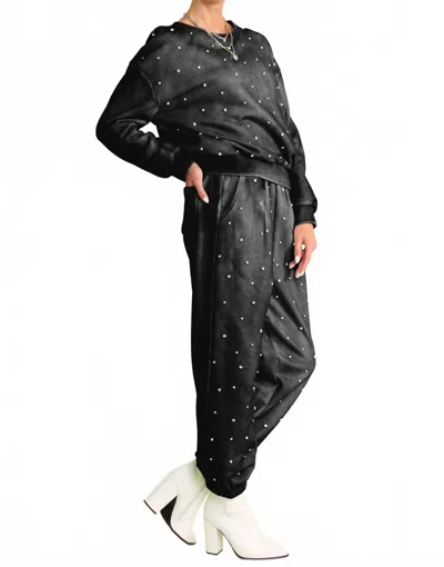 Davi & Dani Rhinestones Long Sleeve Crop Top And Long Pants Set In Black
