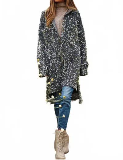 Davi & Dani Sequins And Velvet Button Down Shirt Dress In Silver Gray In Multi