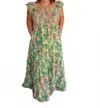 Davi & Dani Smock Bodice Village Print Maxi Dress In Green & Pink In Multi