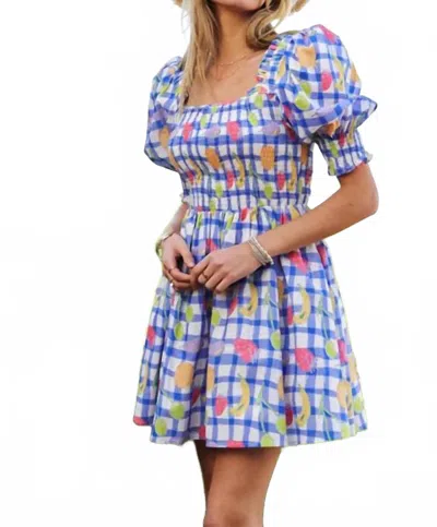 Davi & Dani Smocked Checker Fruits Print Mini Dress In Multi In Blue