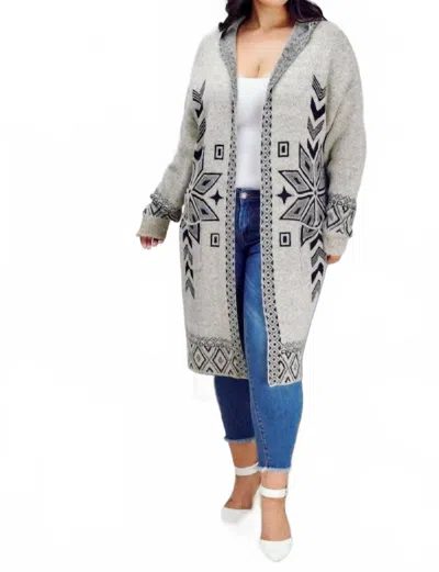 Davi & Dani Snow Printed Long Sleeve Pockets Cardigan - Plus In Grey