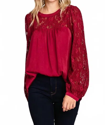 Davi & Dani Soft Satin Blouse With Contrast Lace Neck In Red