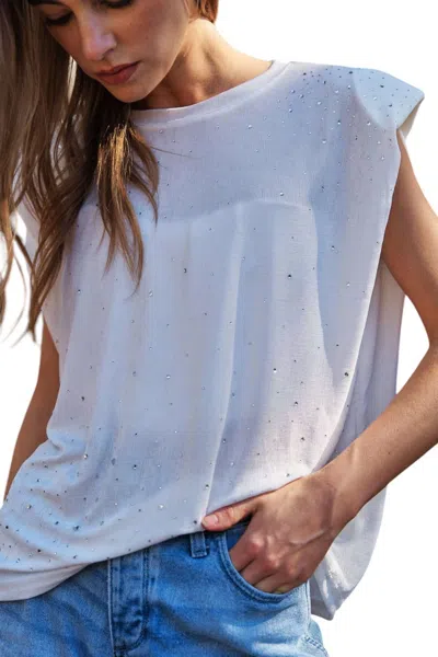 Davi & Dani Solid Rhinestones Mock Neck Short Sleeve Top In White In Purple